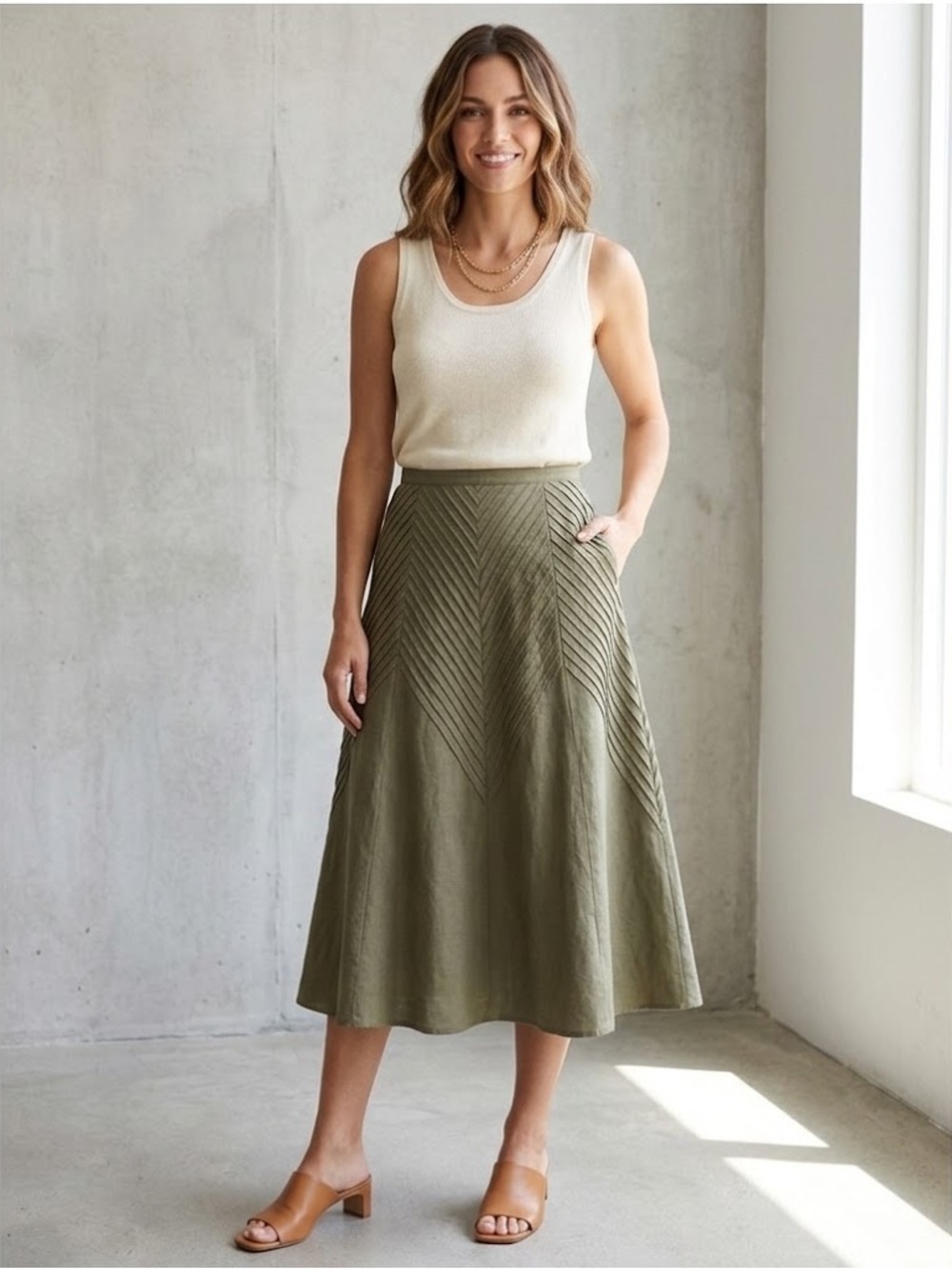 Peter Martin Women's Olive Green Midi Skirt with Diagonal Stitch Panels, Size 6